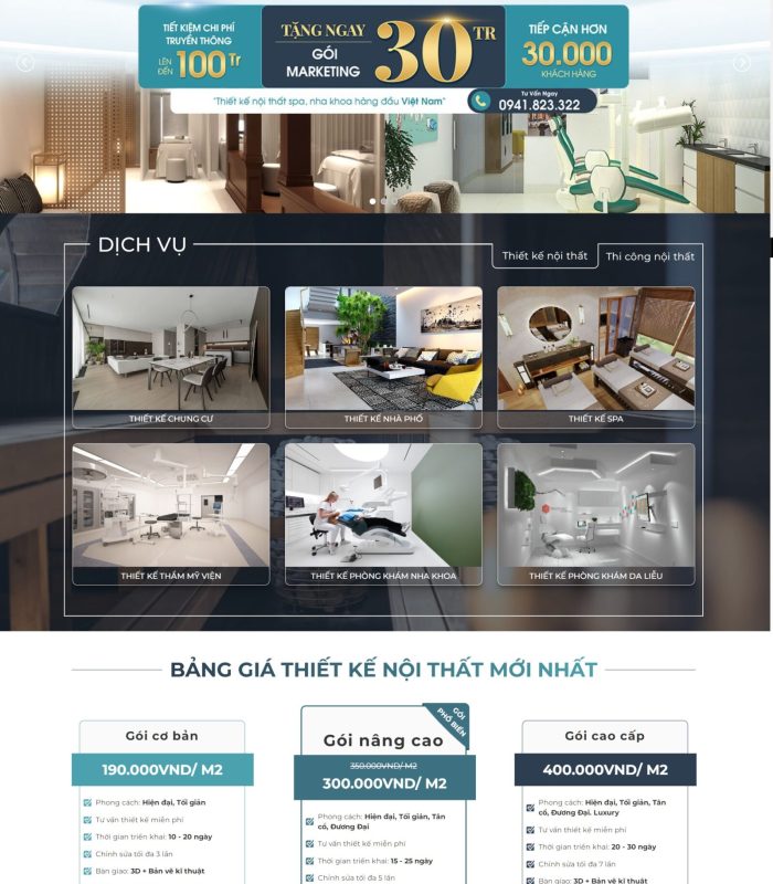Giao diện website thiết kế, thi công nội thất chuyên nghiệp