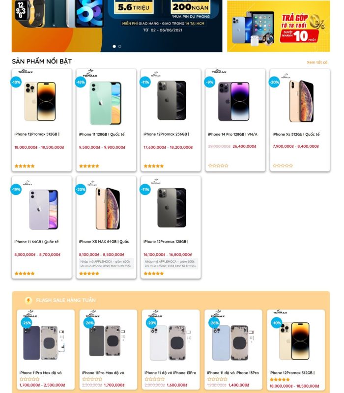 Giao diện web bán điện thoại, phụ kiện điện thoại