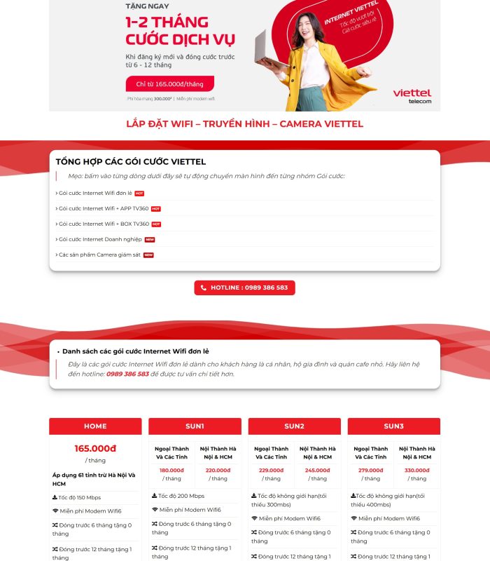 Giao diện website dịch vụ lắp mạng internet viettel